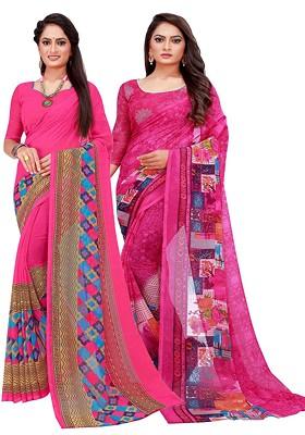 Pink Embroidered Georgette Saree Set (Set Of 2)