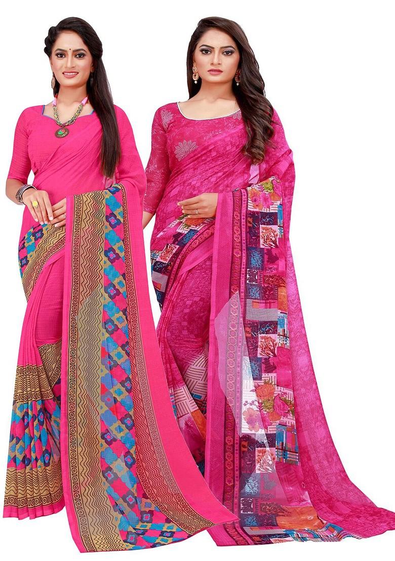 Pink Embroidered Georgette Saree Set (Set Of 2)