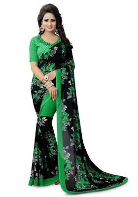 Green Floral Art Silk Saree Set