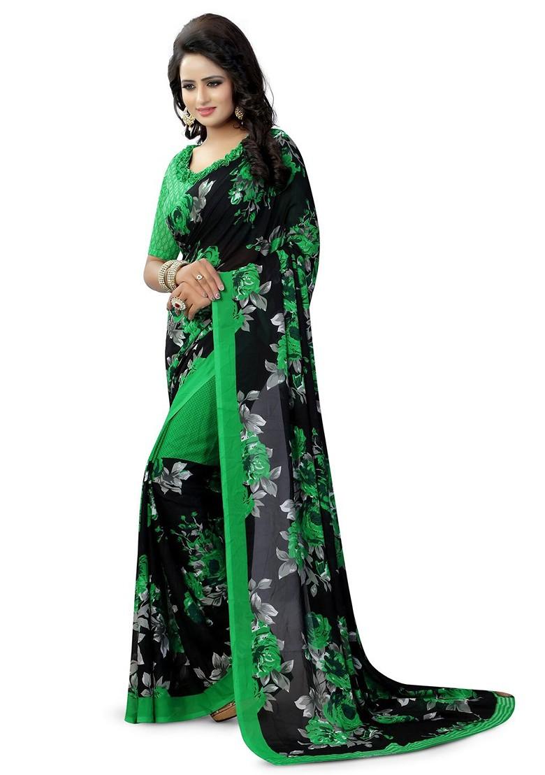 Green Floral Art Silk Saree Set
