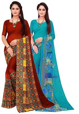 Turquoise Blue Floral Georgette Saree Set (Set Of 2)