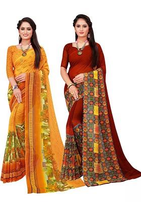 Brown Embroidered Poly Blend Saree Set