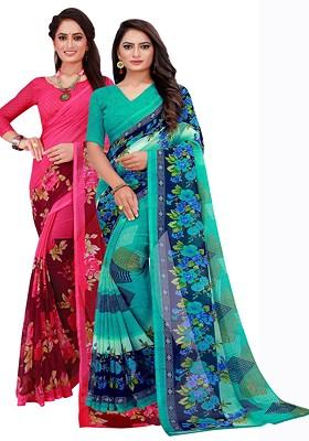 Turquoise Blue Embroidered Georgette Saree Set (Set Of 2)