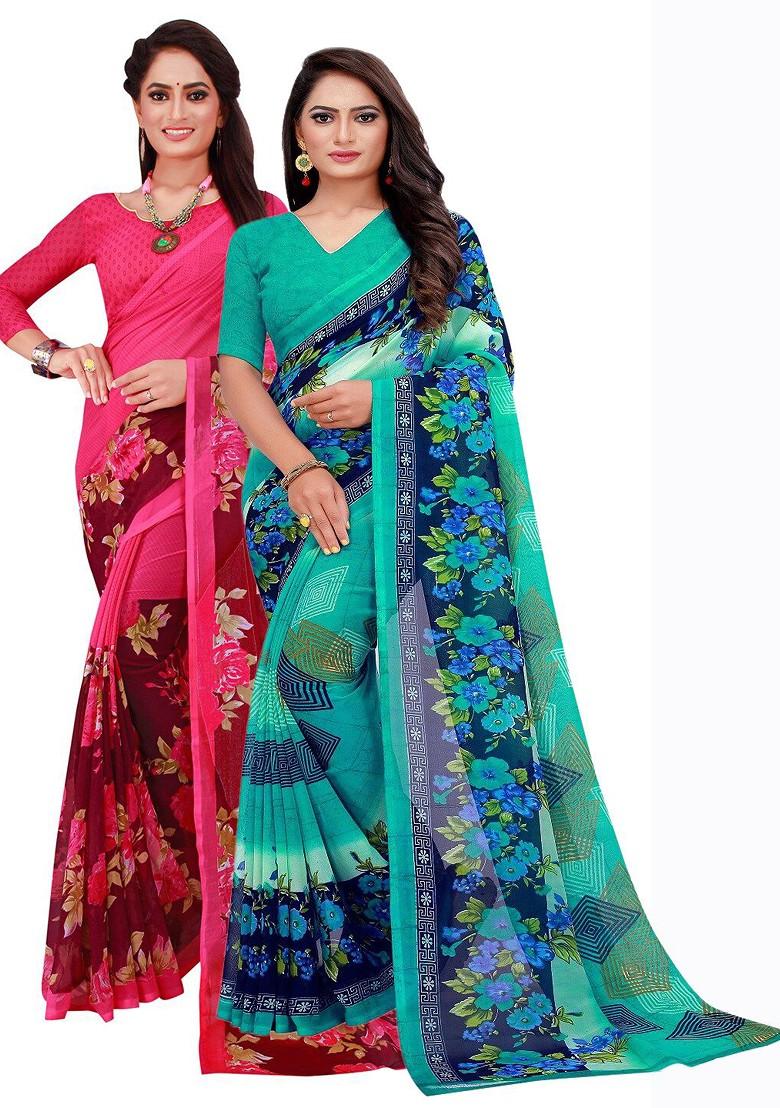Turquoise Blue Embroidered Georgette Saree Set (Set Of 2)