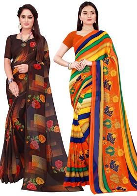 Yellow Printed Georgette Saree Set (Set Of 2)
