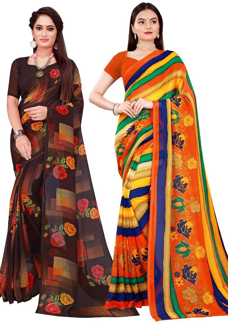 Yellow Printed Georgette Saree Set (Set Of 2)