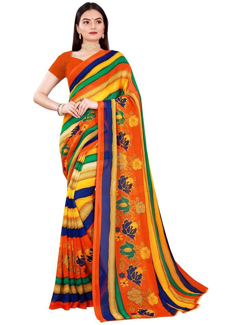 Yellow Printed Georgette Saree Set (Set Of 2)