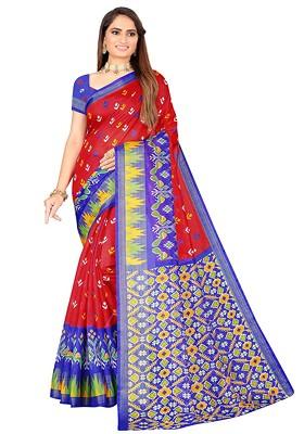 Red Printed Art Silk Saree Set