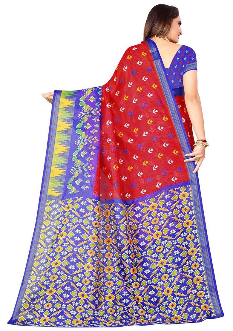 Red Printed Art Silk Saree Set