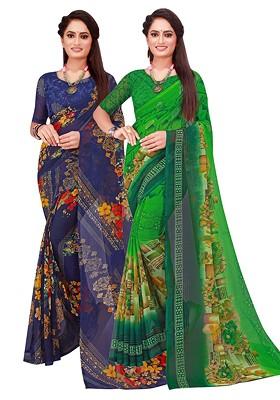 Green Floral Georgette Saree Set (Set Of 2)