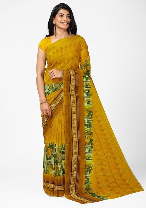 Yellow Floral Georgette Saree Set