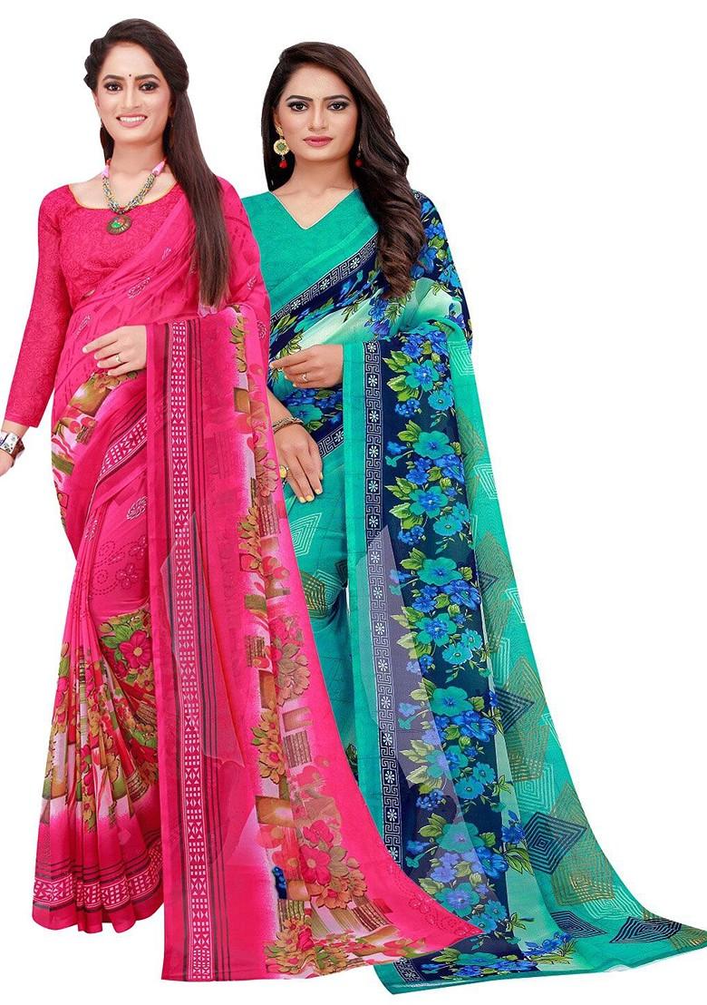 Magenta Embroidered Georgette Saree Set (Set Of 2)