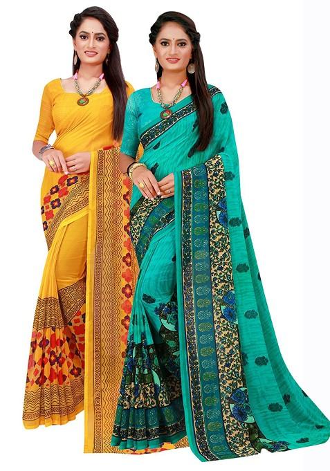Yellow Embroidered Georgette Saree Set