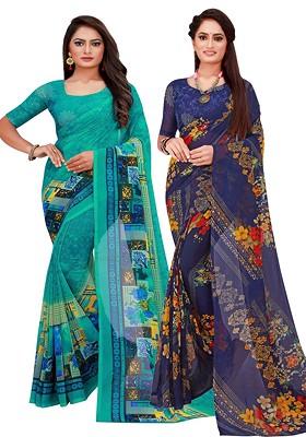 Turquoise Blue Floral Georgette Saree Set (Set Of 2)