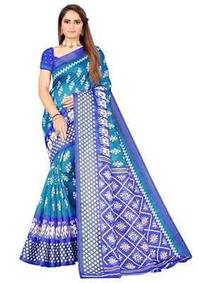 Turquoise Blue Printed Art Silk Saree Set