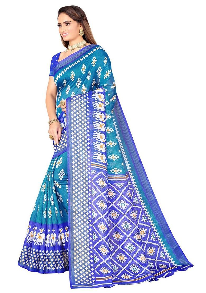 Turquoise Blue Printed Art Silk Saree Set
