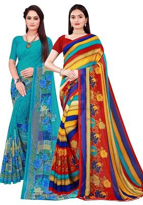 Blue Printed Georgette Saree Set (Set Of 2)