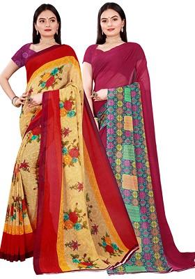 Beige Printed Georgette Saree Set (Set Of 2)