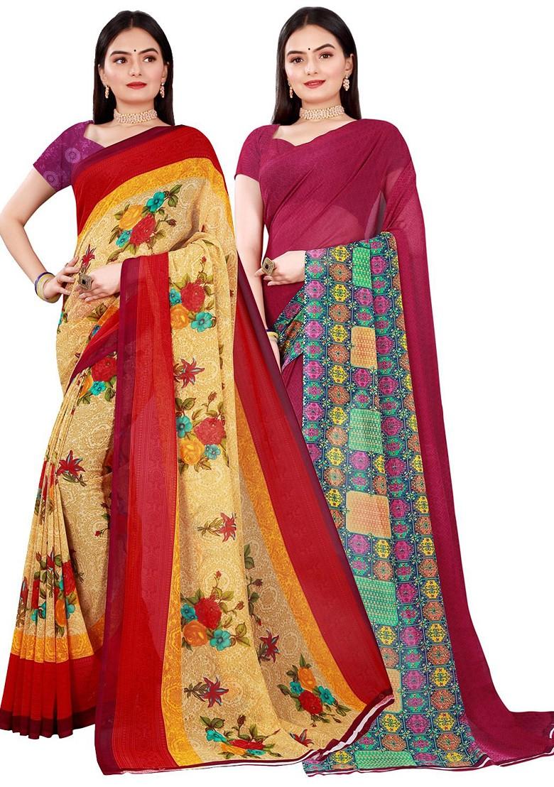 Beige Printed Georgette Saree Set (Set Of 2)