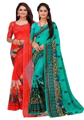 Turquoise Blue Embroidered Poly Blend Saree Set