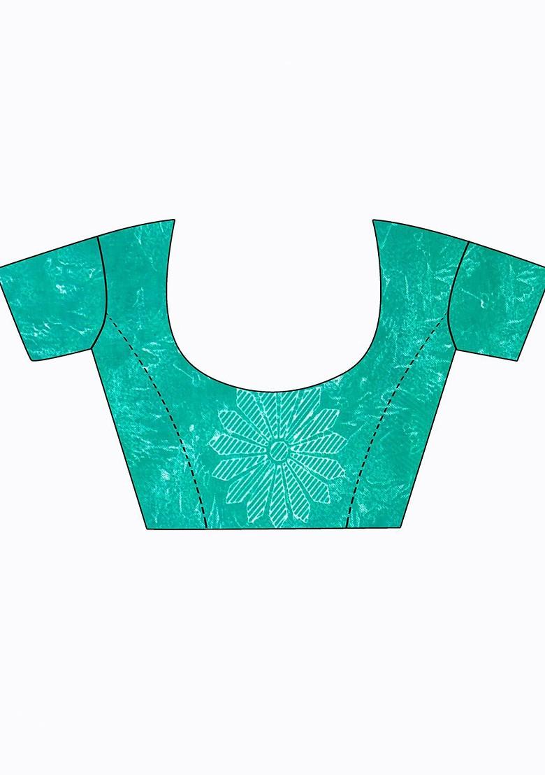 Turquoise Blue Embroidered Poly Blend Saree Set
