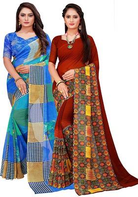 Blue Printed Georgette Saree Set