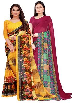 Yellow Printed Georgette Saree Set (Set Of 2)