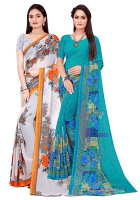 White Floral Georgette Saree Set