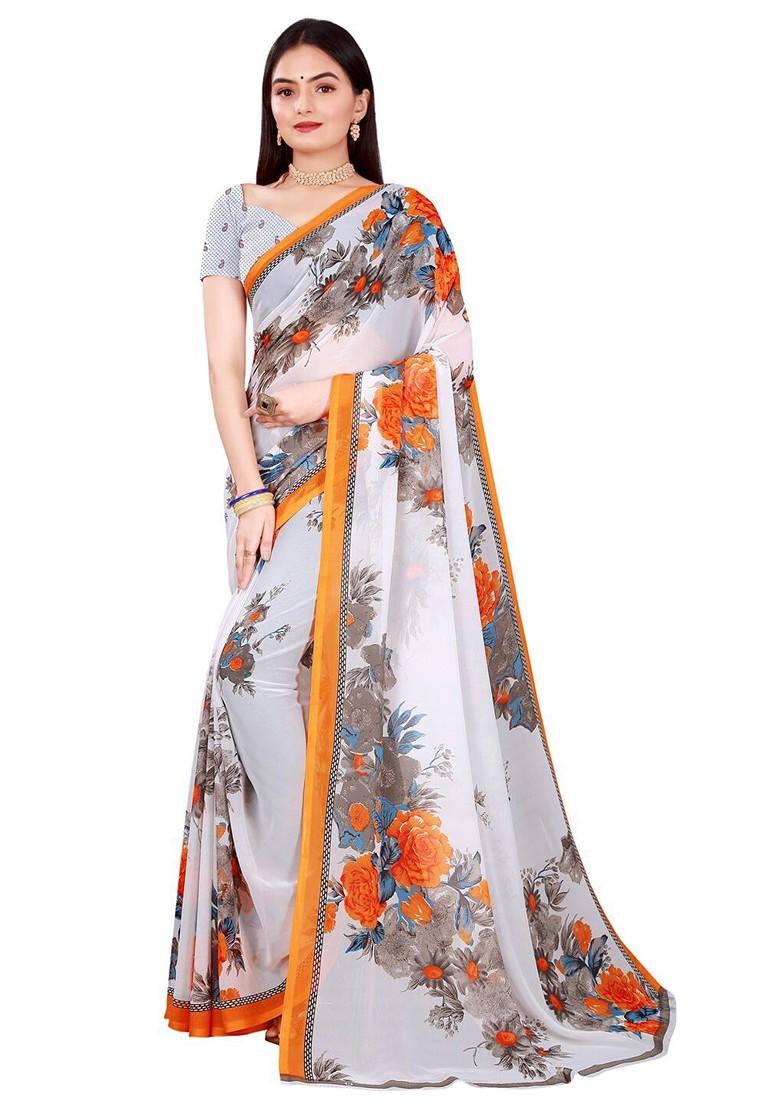 White Floral Georgette Saree Set