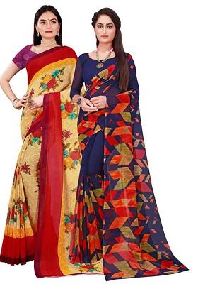 Navy Blue Embroidered Georgette Saree Set (Set Of 2)