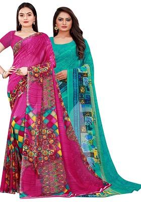 Teal Green Floral Georgette Saree Set (Set Of 2)