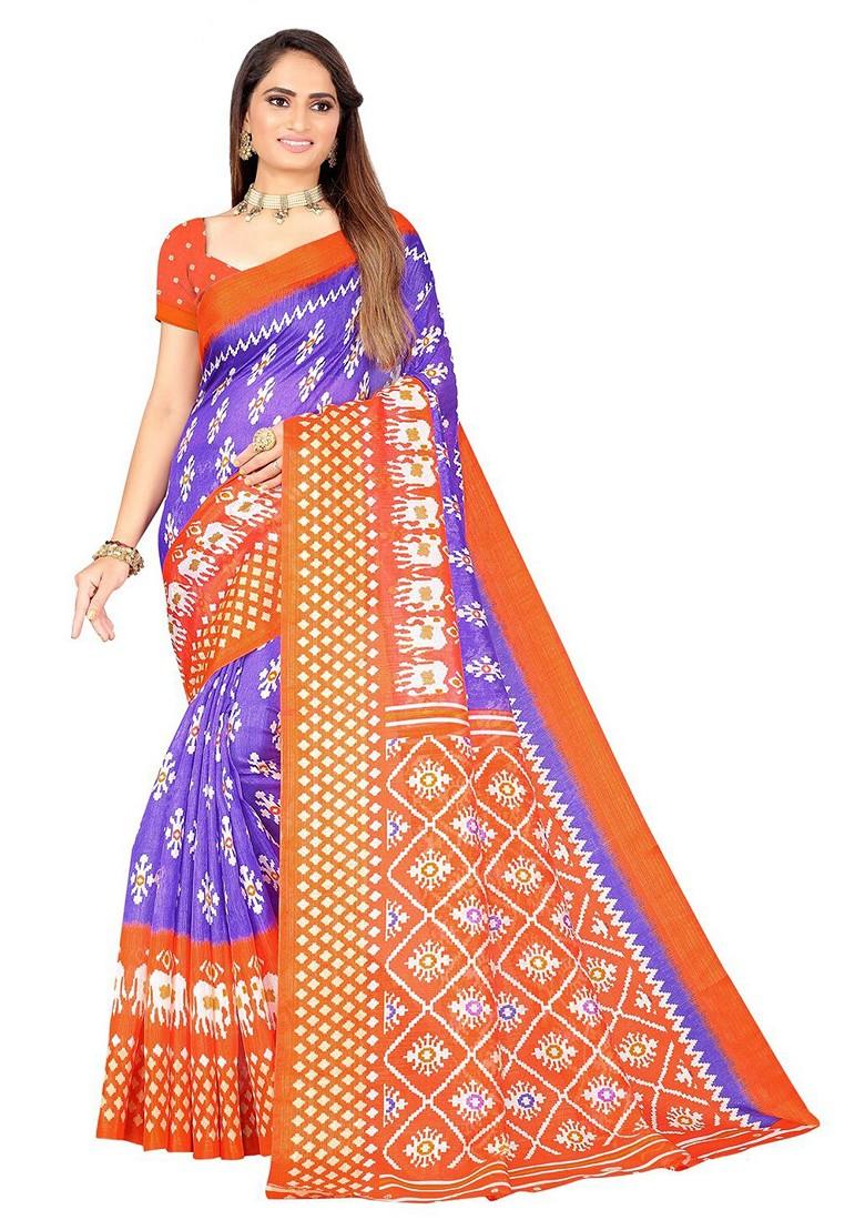 Purple Printed Art Silk Saree Set