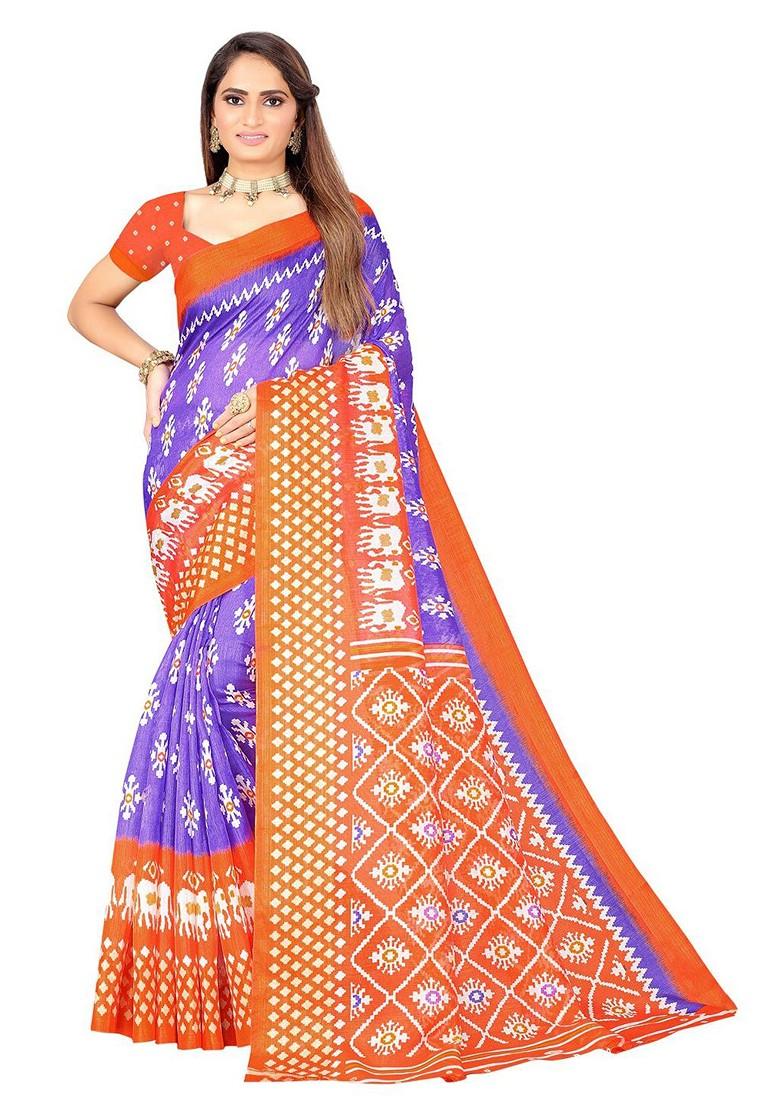 Purple Printed Art Silk Saree Set