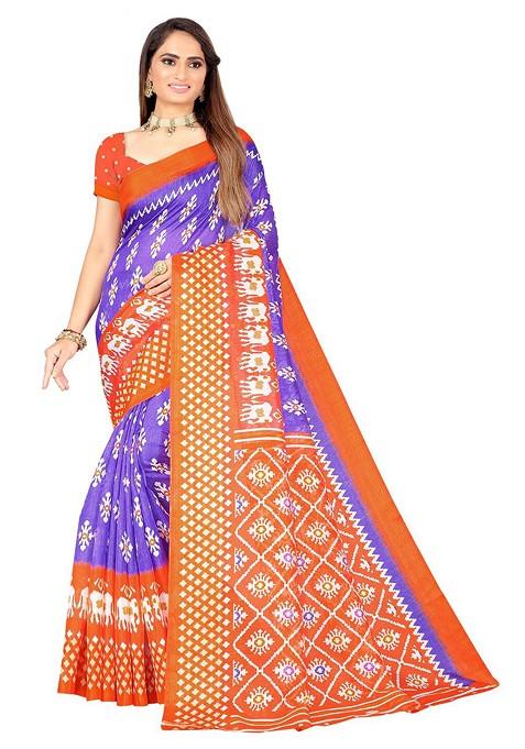 Purple Printed Art Silk Saree Set