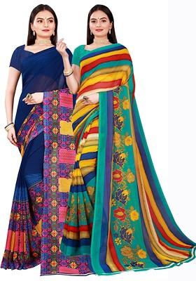 Navy Blue Floral Georgette Saree Set (Set Of 2)