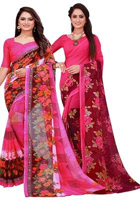 Pink Printed Georgette Saree Set (Set Of 2)