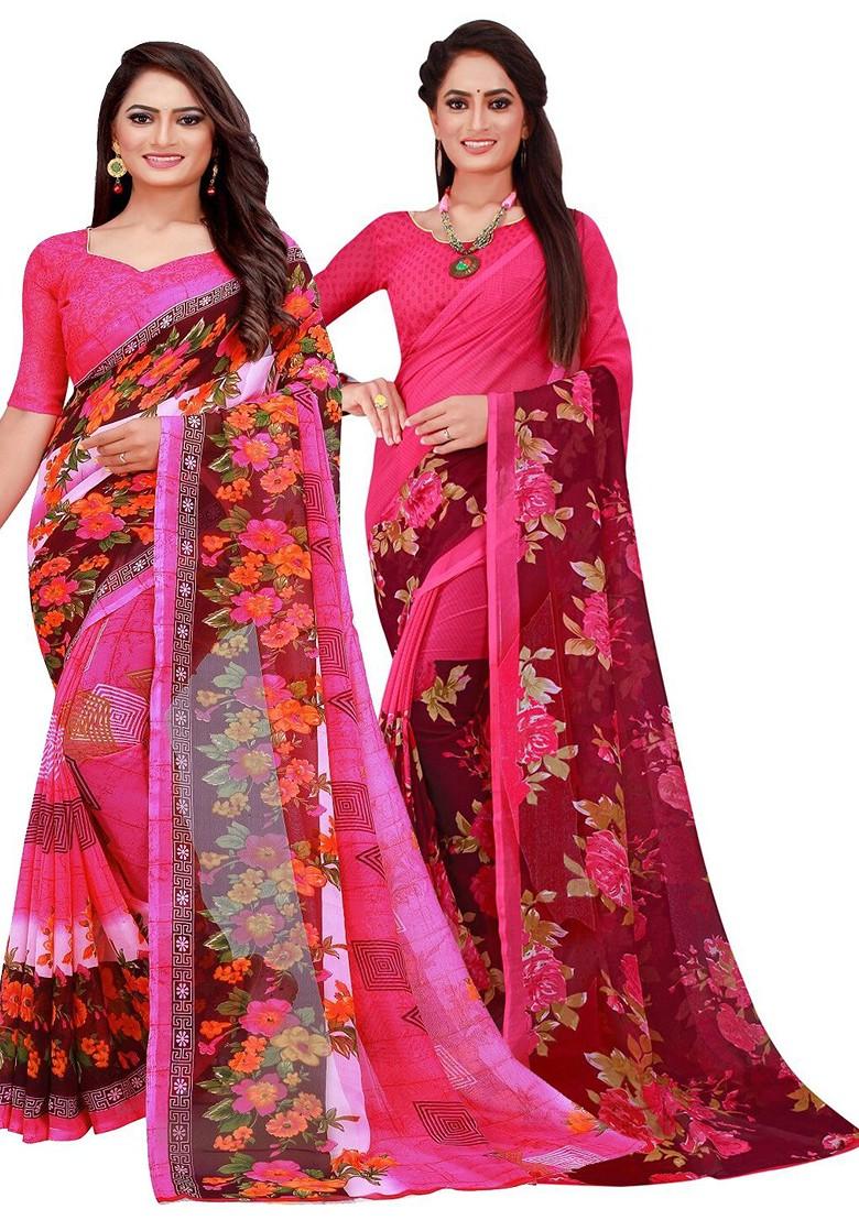 Pink Printed Georgette Saree Set (Set Of 2)