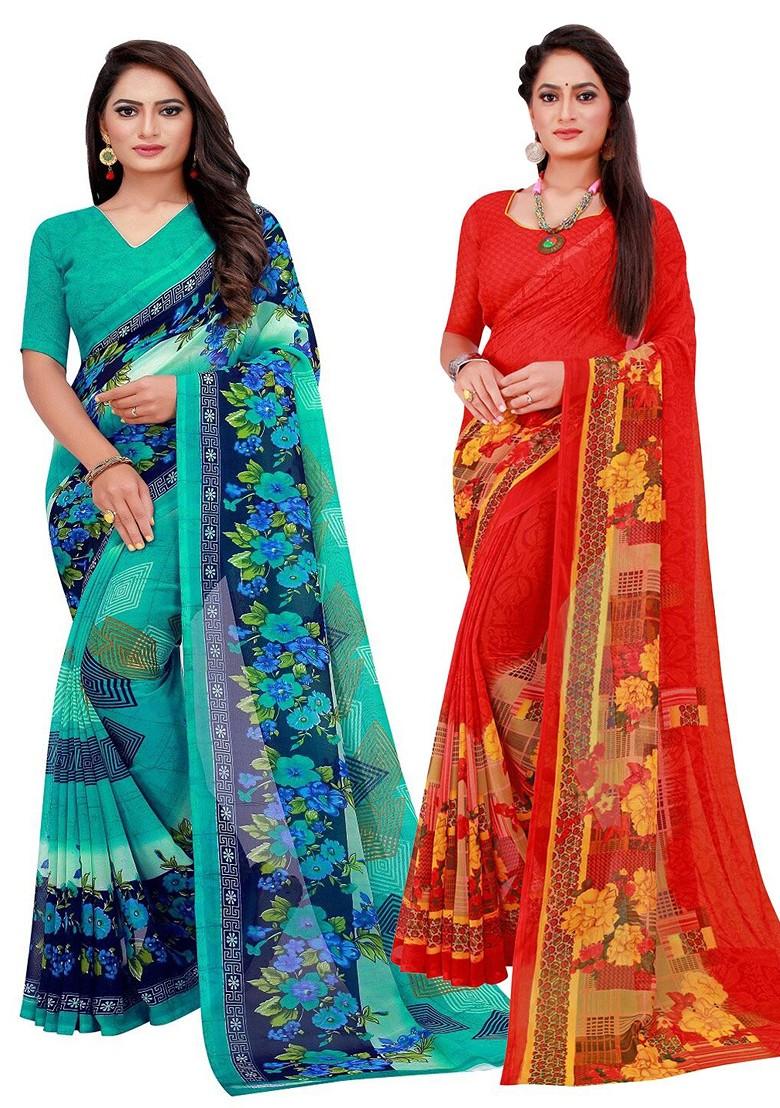 Turquoise Blue Printed Georgette Saree Set (Set Of 2)