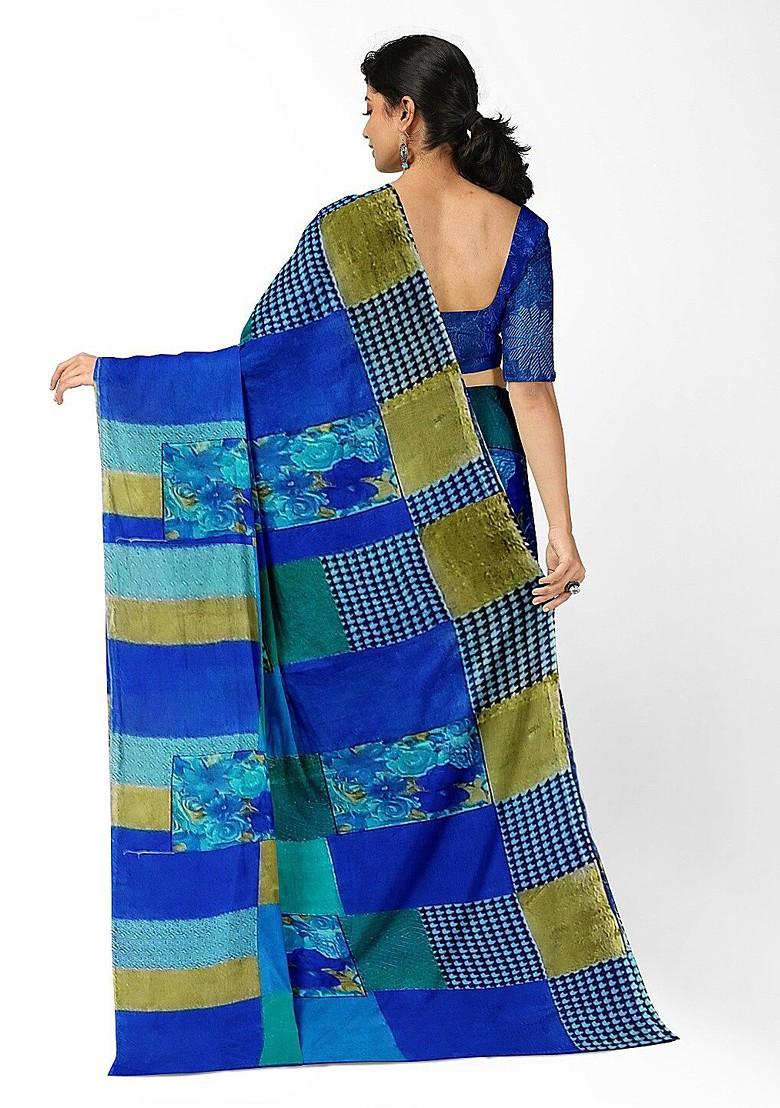 Blue Floral Georgette Saree Set