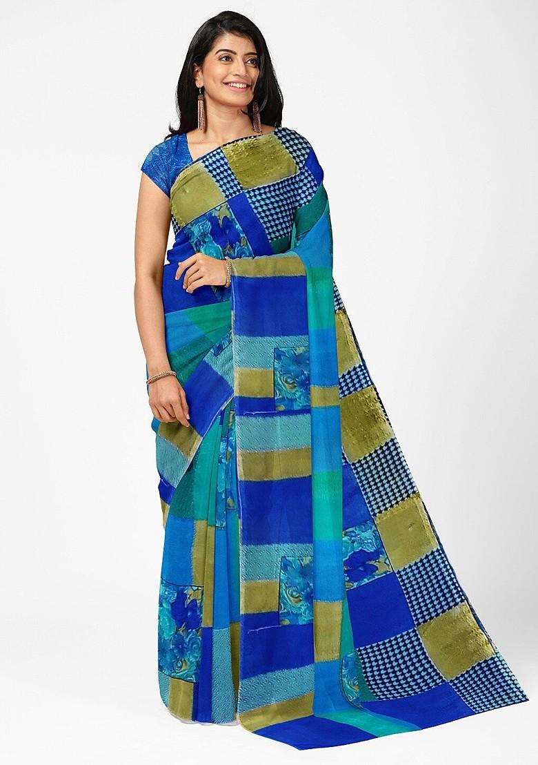 Blue Floral Georgette Saree Set