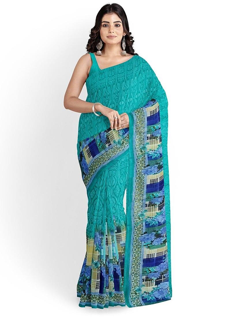 Teal Green Floral Georgette Saree Set