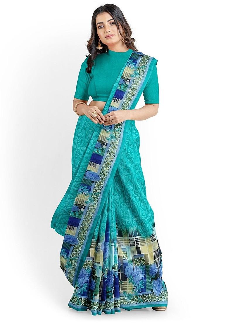 Teal Green Floral Georgette Saree Set