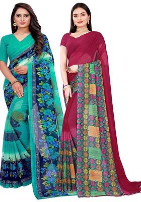 Green Floral Georgette Saree Set (Set Of 2)