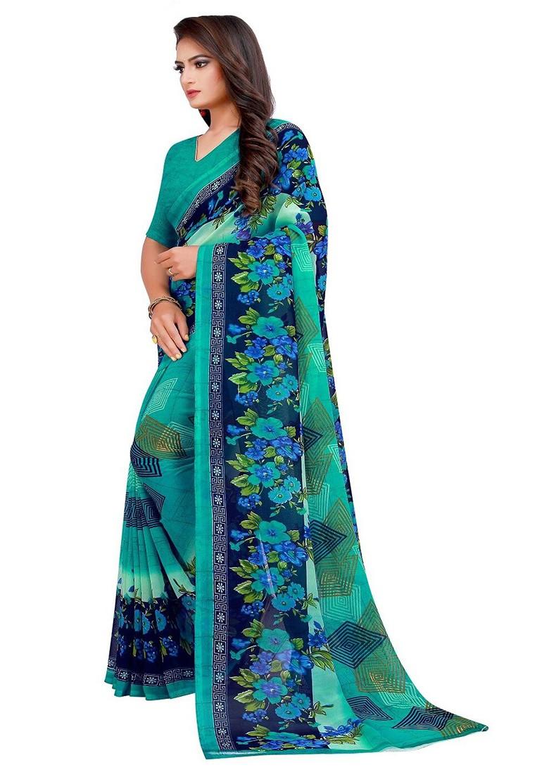 Green Floral Georgette Saree Set (Set Of 2)
