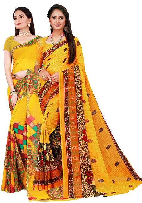 Yellow Embroidered Georgette Saree Set