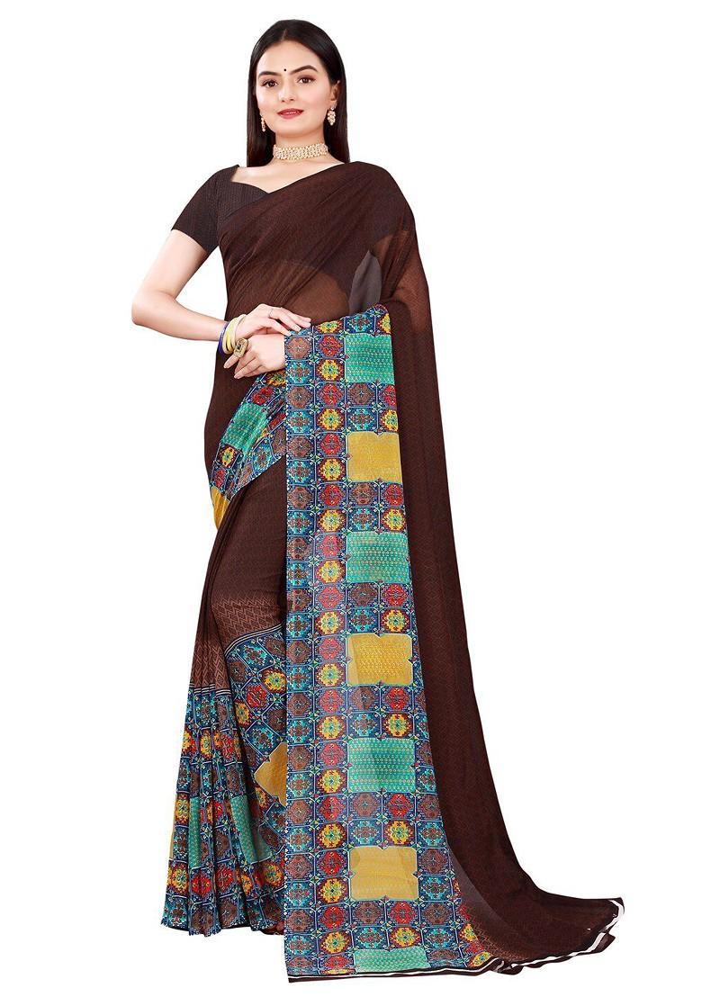 Brown Printed Georgette Saree Set