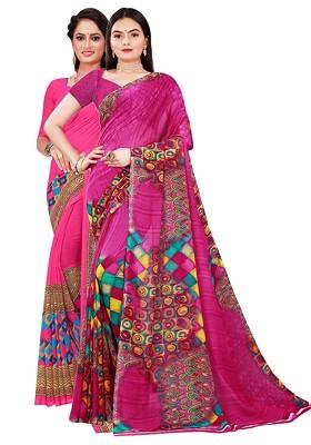 Pink Embroidered Georgette Saree Set (Set Of 2)