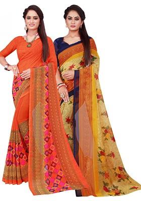 Orange Floral Georgette Saree Set (Set Of 2)