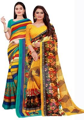 Yellow Printed Georgette Saree Set (Set Of 2)