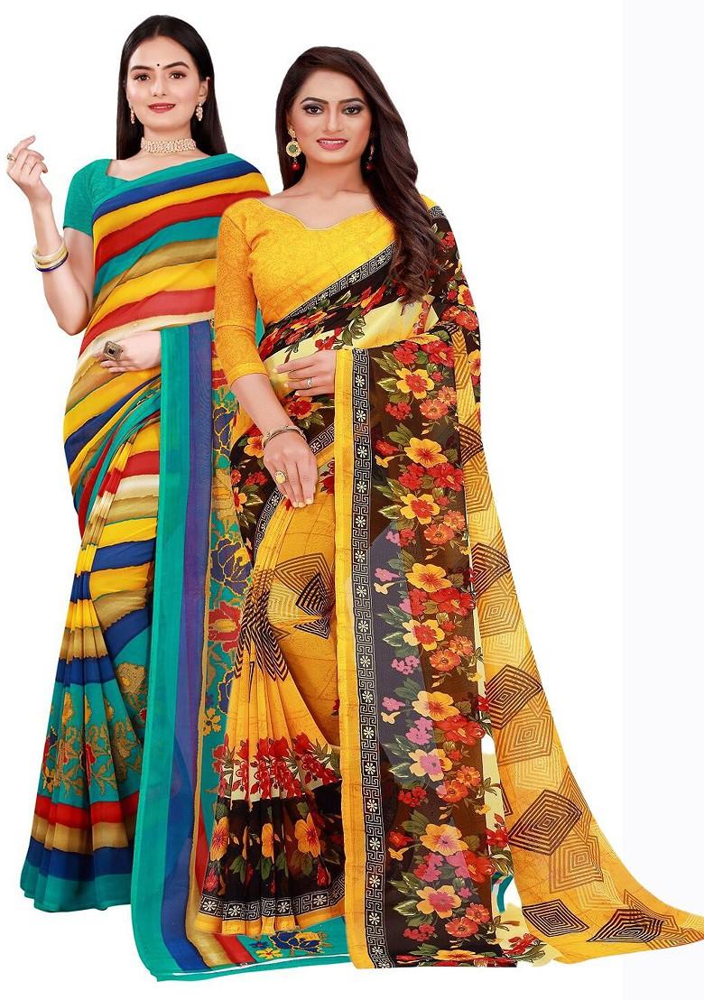 Yellow Printed Georgette Saree Set (Set Of 2)